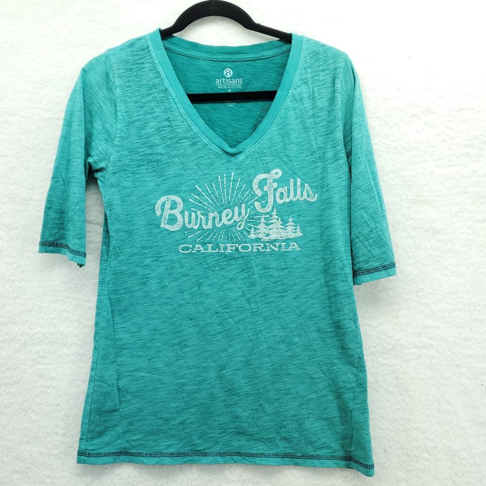 Burney Falls Women's Teal V Neck Graphic Shirt Medium